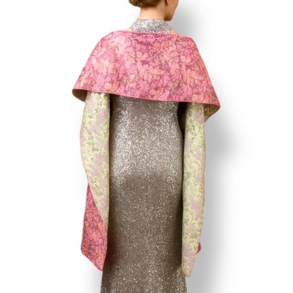The Little Tichel Lady Reversible Pink Green Metallic Floral Brocade Shawl Scarf - Picture 1 of 10